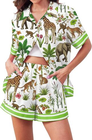 Brosloth Womens Silk Pajamas Summer Satin Pj Sets 2 Piece Animal Print Button Up Shorts Short Sleeve Sleepwear in Kuwait