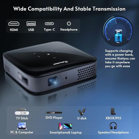 【3H Playtime】 جهاز عرض صغير مع WiFi و Bluetooth ، وجهاز عرض 1080 بكسل DLP مع بطارية ، ومكبر صوت وثلاثي ، وجهاز عرض هاتف Mini اللاسلكي لـ iPhone Roku Fire Stick إلخ ، جهاز عرض Mini Portable in Kuwait