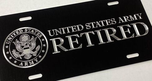 علامة سيارة متقاعد من الجيش الأمريكي منقوشة بالماس الفضي محفورة على هدية لوحة ترخيص أمامية من الألومنيوم الأسود in Kuwait