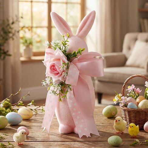 Leinuosen Easter Flocked Bunny Decorations 12" Pink Bunny Figurine Statue with Artificial Flower and Bow Large Flocking Rabbit Table Centerpiece for Spring Home Desk Office Tabletop Party Indoor in Saudi Arabia