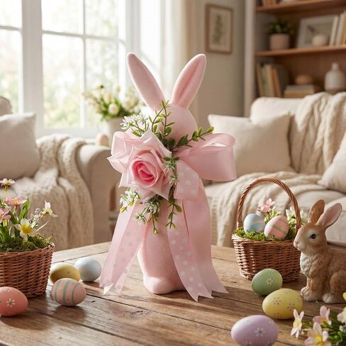 Leinuosen Easter Flocked Bunny Decorations 12" Pink Bunny Figurine Statue with Artificial Flower and Bow Large Flocking Rabbit Table Centerpiece for Spring Home Desk Office Tabletop Party Indoor in Saudi Arabia