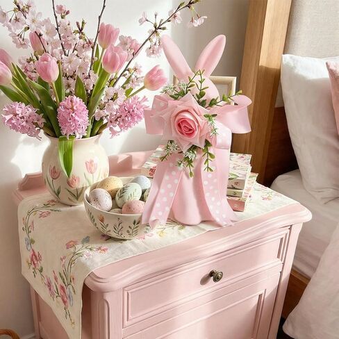 Leinuosen Easter Flocked Bunny Decorations 12" Pink Bunny Figurine Statue with Artificial Flower and Bow Large Flocking Rabbit Table Centerpiece for Spring Home Desk Office Tabletop Party Indoor in Saudi Arabia