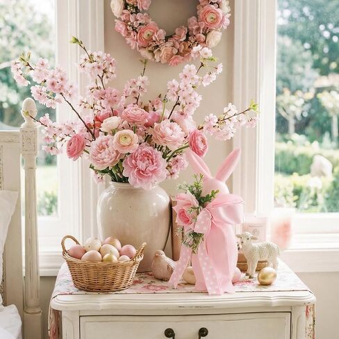 Leinuosen Easter Flocked Bunny Decorations 12" Pink Bunny Figurine Statue with Artificial Flower and Bow Large Flocking Rabbit Table Centerpiece for Spring Home Desk Office Tabletop Party Indoor in Saudi Arabia