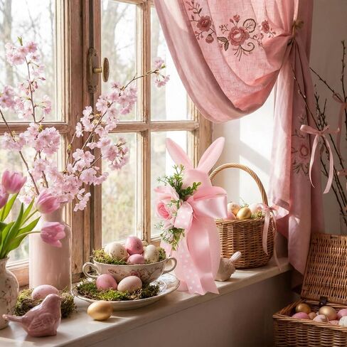 Leinuosen Easter Flocked Bunny Decorations 12" Pink Bunny Figurine Statue with Artificial Flower and Bow Large Flocking Rabbit Table Centerpiece for Spring Home Desk Office Tabletop Party Indoor in Saudi Arabia