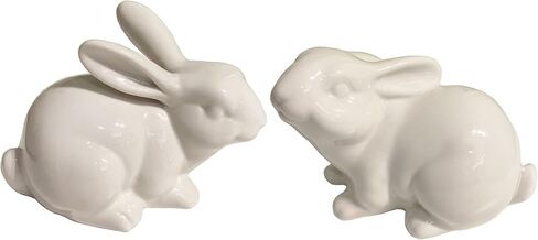 مجموعة من 2 تمثال أرنب بورسلين تمثال زينة ربيع عيد الفصح تماثيل أرنب بيضاء ريفية عتيقة لطاولة طعام عيد الفصح قطعة مركزية صينية متدرجة رف زخرفة in Kuwait