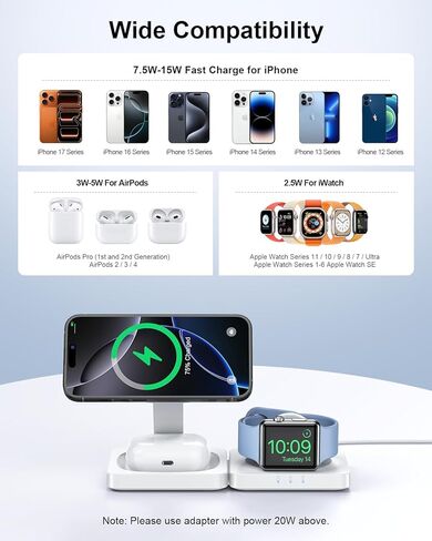 2025 محطة الشحن اللاسلكية المغناطيسية - Adadpu 3 في 1 شاحن آمن من MAG قابلة للطي لأجهزة Apple متعددة ، وسادة شحن السفر لـ iPhone 16 15 14 13 12 Pro Max بالإضافة إلى Apple Watch Airpods in Kuwait