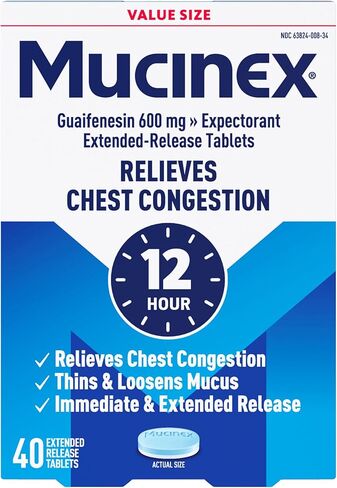 Mucinex 12 Hour 600 mg Guaifenesin Extended-Release Tablets for Excess Mucus Relief, Expectorant Aids Excess Mucus Removal, Chest Congestion Relief, 40 Bi-Layer Tablets in Kuwait