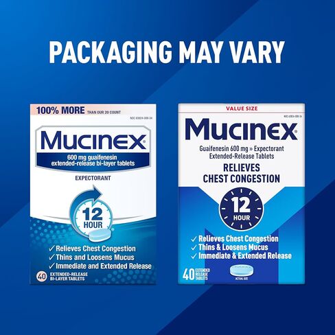 Mucinex 12 Hour 600 mg Guaifenesin Extended-Release Tablets for Excess Mucus Relief, Expectorant Aids Excess Mucus Removal, Chest Congestion Relief, 40 Bi-Layer Tablets in Kuwait