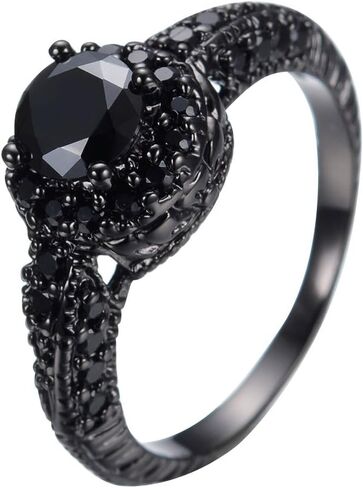 10KT خاتم الذهب الأسود 8 مللي متر قطع مستديرة الماس هالو الحجر الأسود خواتم الجزع Size6/7/8/9/10 in Kuwait