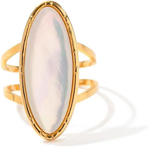 18K Gold Stainless Steel Iridescent White Mother-of-Pearl Oval Ring Luxury Pearl Jewelry in Saudi Arabia