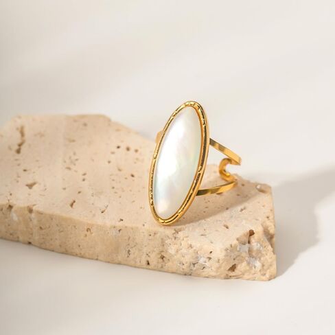 18K Gold Stainless Steel Iridescent White Mother-of-Pearl Oval Ring Luxury Pearl Jewelry in Saudi Arabia