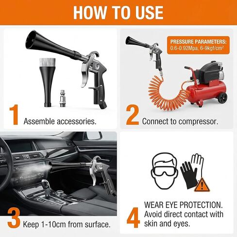 مسدس تنظيف السيارة، مسدس التنظيف الجاف، مسدس نفخ الهواء عالي الضغط للتفصيل التلقائي، أداة نفخ الهواء الدوامة تزيل الأوساخ والغبار والحطام بسرعة، مسدس تنظيف داخلي متوافق مع ضاغط الهواء in Kuwait