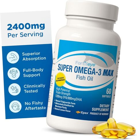 Fortifeye Vitamins Super Omega-3 Max Fish Oil, Lemon Flavor, Natural Triglyceride, 1200 EPA / 900 DHA Per Serv.- 30 Day, 60 Max Softgel Capsules in Kuwait