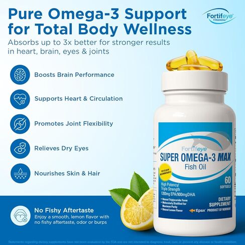 Fortifeye Vitamins Super Omega-3 Max Fish Oil, Lemon Flavor, Natural Triglyceride, 1200 EPA / 900 DHA Per Serv.- 30 Day, 60 Max Softgel Capsules in Kuwait