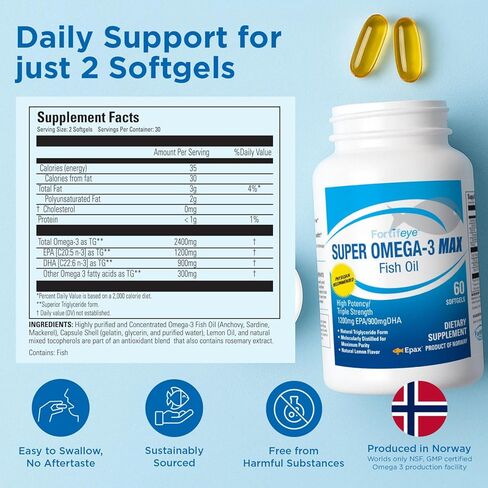 Fortifeye Vitamins Super Omega-3 Max Fish Oil, Lemon Flavor, Natural Triglyceride, 1200 EPA / 900 DHA Per Serv.- 30 Day, 60 Max Softgel Capsules in Kuwait