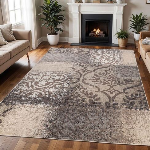 Superior Indoor Area Rug, Plush Carpet Cover, for Kids or Pets, Apartment Rugs, Hallways, Entry, Office, Living Room, Distressed Abstract Damask, Bristol Collection, 12' x 15', Beige/Brown in Saudi Arabia