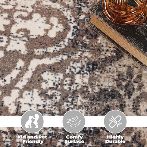 Superior Indoor Area Rug, Plush Carpet Cover, for Kids or Pets, Apartment Rugs, Hallways, Entry, Office, Living Room, Distressed Abstract Damask, Bristol Collection, 12' x 15', Beige/Brown in Saudi Arabia