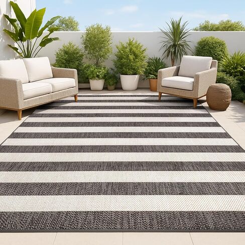 JONATHAN Y Two-Tone Wide Stripe Indoor Outdoor Area Rug 4X6 Black/Beige, Negril for Backyard, Patio, Porch, Easy-Cleaning, High Traffic, Pet-Friendly, Non-Shedding (SMB203B-4) in Saudi Arabia