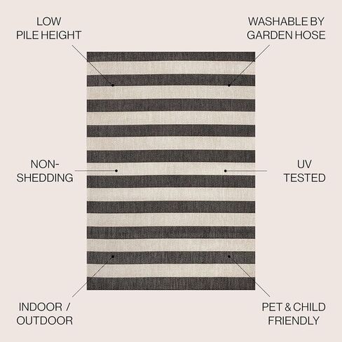 JONATHAN Y Two-Tone Wide Stripe Indoor Outdoor Area Rug 4X6 Black/Beige, Negril for Backyard, Patio, Porch, Easy-Cleaning, High Traffic, Pet-Friendly, Non-Shedding (SMB203B-4) in Saudi Arabia