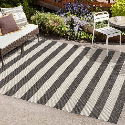 JONATHAN Y Two-Tone Wide Stripe Indoor Outdoor Area Rug 4X6 Black/Beige, Negril for Backyard, Patio, Porch, Easy-Cleaning, High Traffic, Pet-Friendly, Non-Shedding (SMB203B-4) in Saudi Arabia