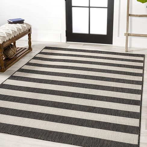 JONATHAN Y Two-Tone Wide Stripe Indoor Outdoor Area Rug 4X6 Black/Beige, Negril for Backyard, Patio, Porch, Easy-Cleaning, High Traffic, Pet-Friendly, Non-Shedding (SMB203B-4) in Saudi Arabia