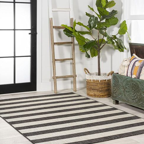 JONATHAN Y Two-Tone Wide Stripe Indoor Outdoor Area Rug 4X6 Black/Beige, Negril for Backyard, Patio, Porch, Easy-Cleaning, High Traffic, Pet-Friendly, Non-Shedding (SMB203B-4) in Saudi Arabia