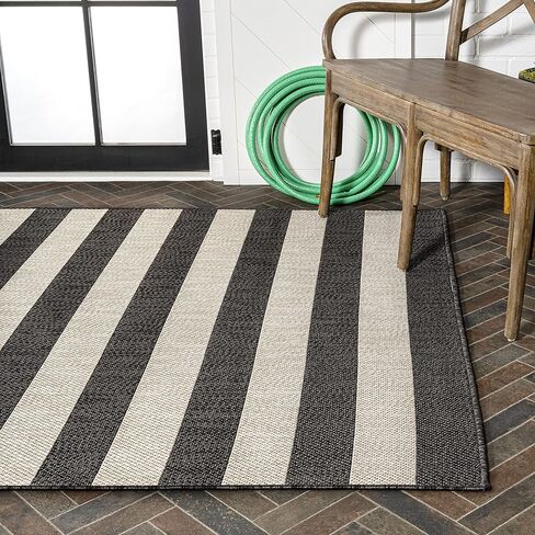 JONATHAN Y Two-Tone Wide Stripe Indoor Outdoor Area Rug 4X6 Black/Beige, Negril for Backyard, Patio, Porch, Easy-Cleaning, High Traffic, Pet-Friendly, Non-Shedding (SMB203B-4) in Saudi Arabia