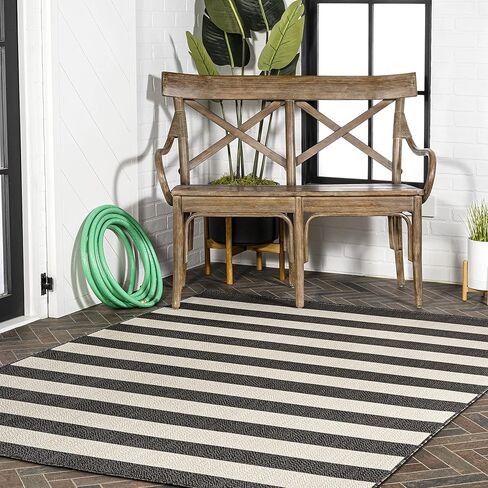 JONATHAN Y Two-Tone Wide Stripe Indoor Outdoor Area Rug 4X6 Black/Beige, Negril for Backyard, Patio, Porch, Easy-Cleaning, High Traffic, Pet-Friendly, Non-Shedding (SMB203B-4) in Saudi Arabia