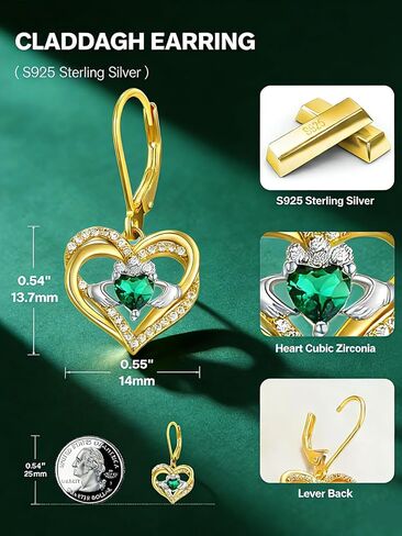 Irish Jewelry Claddagh Earrings for Women Dangle 925 Sterling Silver Gold Plated Triquetra Celtic Knot Heart Irish Gifts Made In Ireland in Saudi Arabia