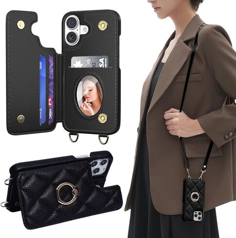 Crossbody Wallet with Cosmetic Mirror Case for iPhone 16 Pro Max, UP Leather Case with Card Slots Invisible Stand, Women Detachable Lanyard 6.9-Inch Phone Case Balck Black in Kuwait