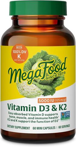 MegaFood فيتامين D3 5000 وحدة دولية (125 ميكروغرام) - مكمل لدعم المناعة - صحة العظام - مع فيتامين D3 وفيتامين K وفيتامين K2 - نباتي، خالي من الغلوتين - مصنوع بدون 9 مسببات للحساسية الغذائية - 120 كبسولة in Saudi Arabia