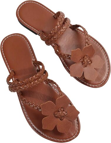 OYOANGLE Women's Floral Boho Sandals Toe Post Flip Flops Dressy Flats Braided Strappy Vacation Slides in Saudi Arabia