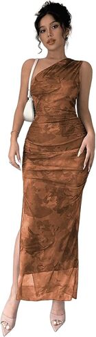 SKAYS Women's Floral One Shoulder Maxi Long Dress Bodycon Ruched Slit Summer Mesh Beach Wedding Guest Cocktail Dress in Saudi Arabia