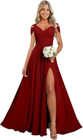 Cold Shoulder Chiffon Bridesmaid Dresses for Women Long Evening Dress Ruched Formal Gown with Slit NZ004 in Kuwait