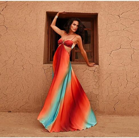 AIBEARTY Women's Sexy Tie Dye Off Shoulder Maxi Dress Gradient Cut Out Strapless Flowy Sundress Beach Long Dresses in Saudi Arabia