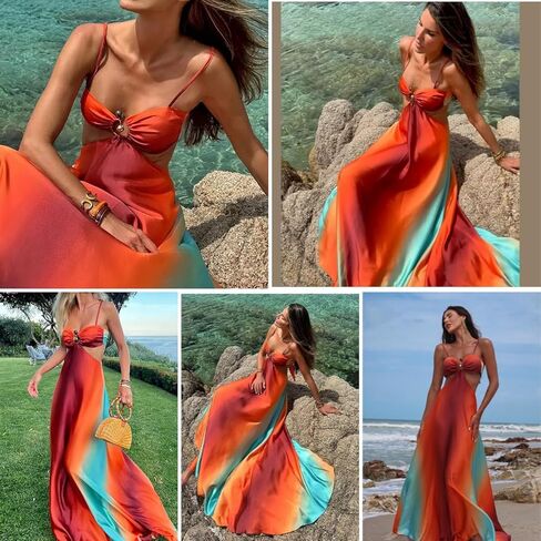 AIBEARTY Women's Sexy Tie Dye Off Shoulder Maxi Dress Gradient Cut Out Strapless Flowy Sundress Beach Long Dresses in Saudi Arabia