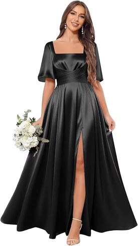 Fu Jiang Square Neck Satin Bridesmaid Dresses with Slit Sleeves Long Formal Evening Dress for Women with Pockets in Saudi Arabia