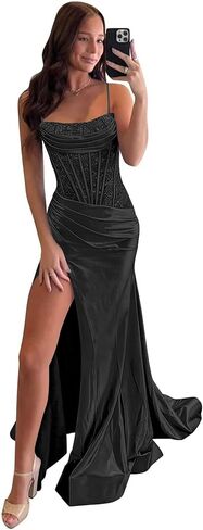 Spaghetti Straps Satin Prom Dresses for Women Sequin Sparkly Mermaid Formal Evening Party Dress with Slit in Kuwait