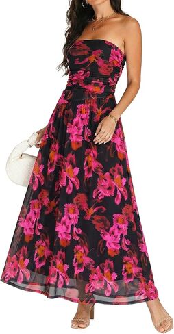 Summer Floral Wedding Guest Maxi Dress for Women Strapless Tube Long Dresses Mesh Flowy Vacation Cocktail Dresses in Kuwait