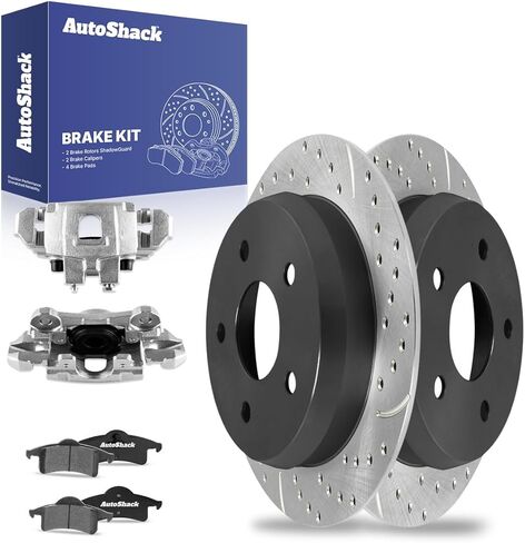 AutoShack Rear Solid Drilled & Slotted E-Coated Brake Rotors + Ceramic Pads + Calipers 8-PC Brake Kit Replacement for 1999-2004 Jeep Grand Cherokee ShadowGuard 12" (304.8 mm) in Saudi Arabia