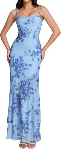 XinFSh Women's Floral Wedding Guest Maxi Dress Spaghetti Strap Ruffle Bodycon Elegant Long Formal Cocktail Party Dresses in Kuwait