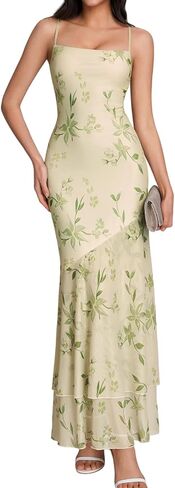 XinFSh Women's Floral Wedding Guest Maxi Dress Spaghetti Strap Ruffle Bodycon Elegant Long Formal Cocktail Party Dresses in Saudi Arabia