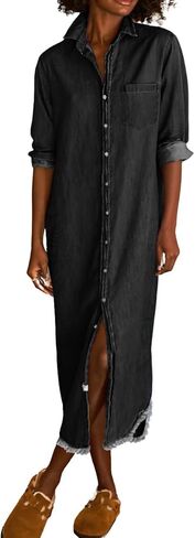 chouyatou Women's Spring Long Sleeve Button Down Denim Shirt Dress Lapel Distressed Midi Long Jean Shift Dress in Saudi Arabia