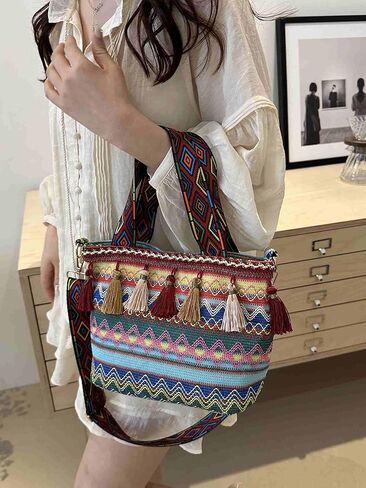 boho western crossbody bags for women, boho hippie handbag tote bag, fringe colorful multi color canvas purse in Kuwait
