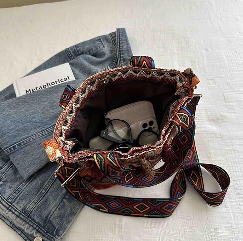 boho western crossbody bags for women, boho hippie handbag tote bag, fringe colorful multi color canvas purse in Kuwait