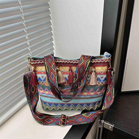 boho western crossbody bags for women, boho hippie handbag tote bag, fringe colorful multi color canvas purse in Kuwait