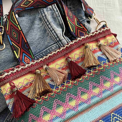 boho western crossbody bags for women, boho hippie handbag tote bag, fringe colorful multi color canvas purse in Kuwait