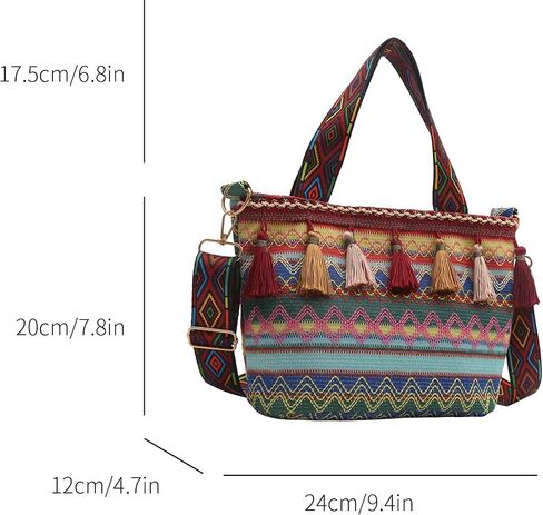 boho western crossbody bags for women, boho hippie handbag tote bag, fringe colorful multi color canvas purse in Kuwait
