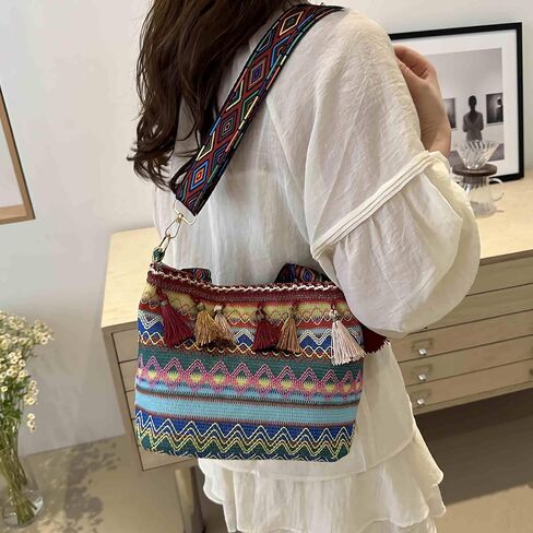 boho western crossbody bags for women, boho hippie handbag tote bag, fringe colorful multi color canvas purse in Kuwait