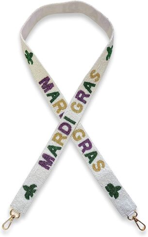 Lashicorn Mardi Gras Beaded Purse Strap White with Green, Purple, and Gold Girls Bourbon Street Bride Louisiana for Bag Mask Fleur Holiday 49" Long OOTD in Saudi Arabia